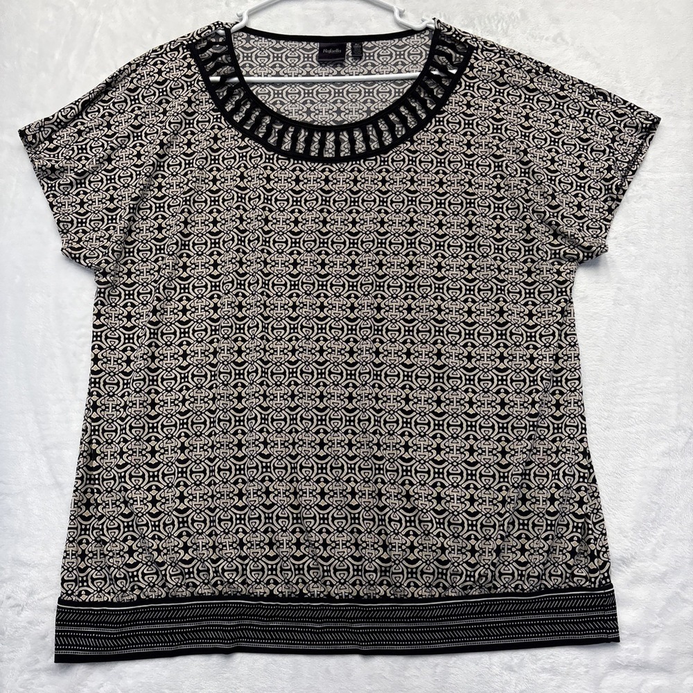 Rafaella XL Geometric Medallion Top Black Tan Ladder Cutout Neckline Boho